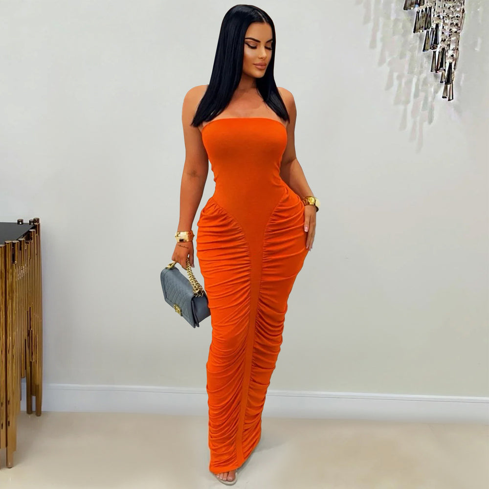 C7669 cross-border   fashion women's sexy bandeau solid color bodycon pleated dress