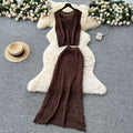 Korean sweet age reduction cut out crochet knittingtops women's high waist tight hip cover skirt summer clothes elegantsuit
