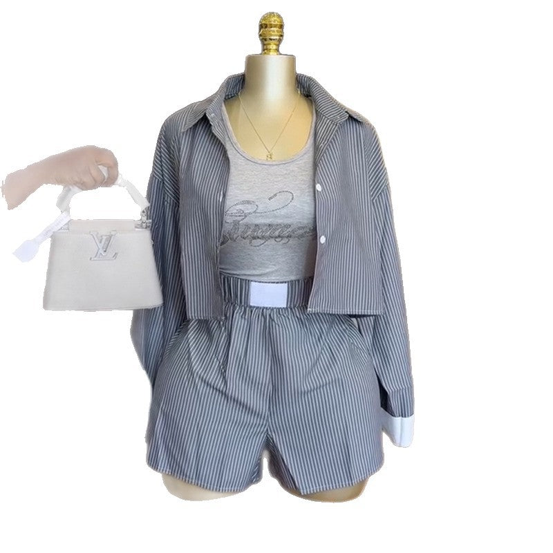 European and american style women's clothing  autumn new collection: sweet and fresh striped turn-down collar short-sleeve shirt and high-waisted slimming shorts two-piece set