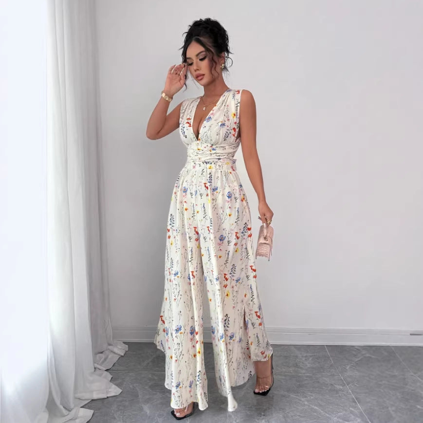 cross-border e-commerce floral digital print camisole and jumpsuit fashionable versatile women's vacation outfit