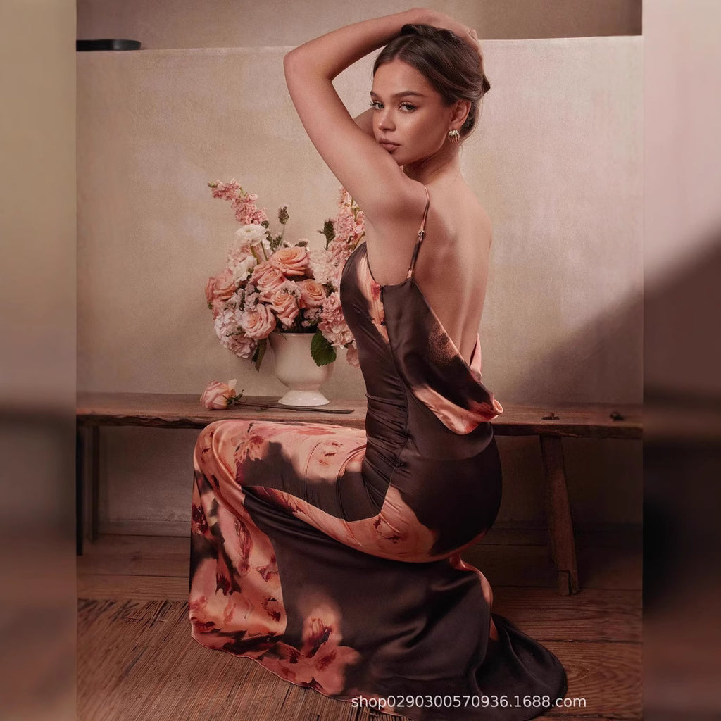 SDM143 European and American  women's clothing wholesale temperament suspender V-neck printed floor dress vacation dress wholesale