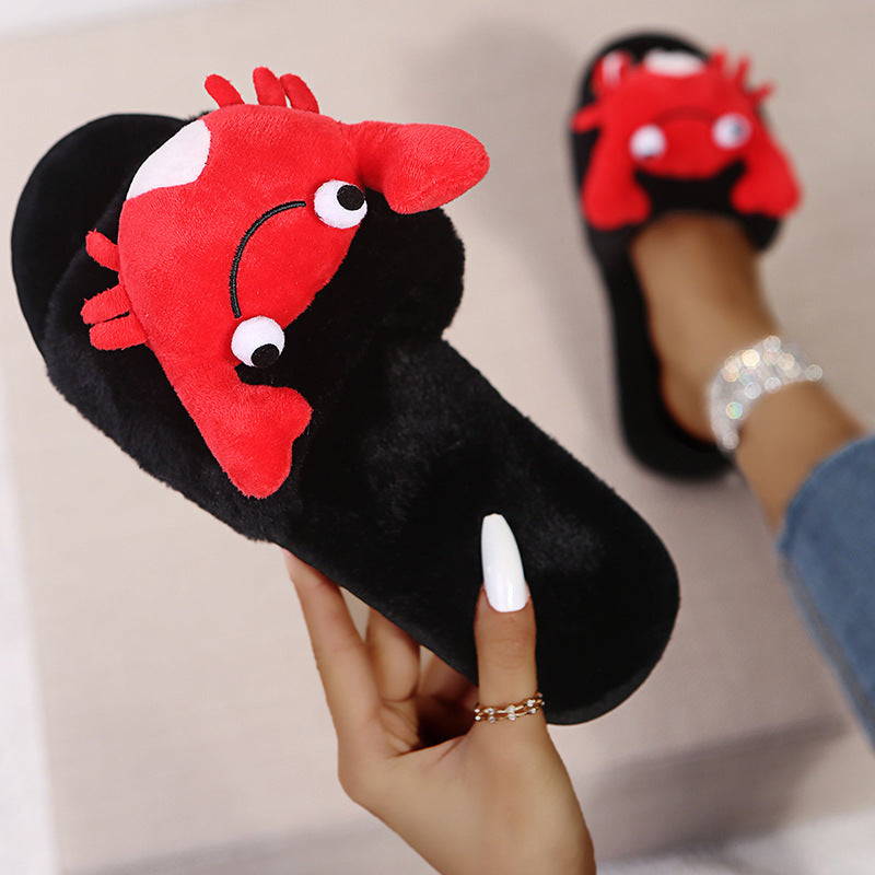 Autumn/winter open-toe cotton slippers for women - available in cute lobster/crab designs - plush, korean-style, wearable at home or out