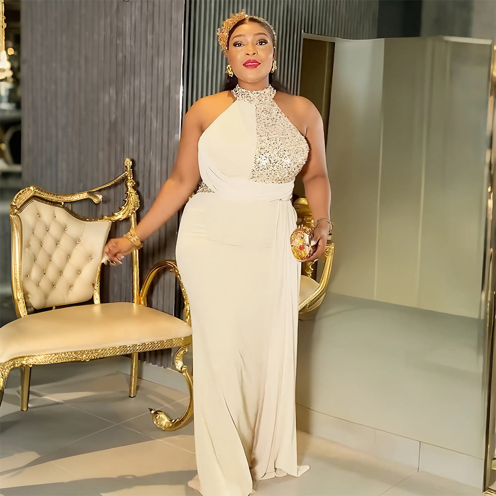 European and american plus-size women's long dress - african-inspired, fashionable, elegant, sexy, halter neck, high-end, floor-length, cinched waist evening gown
