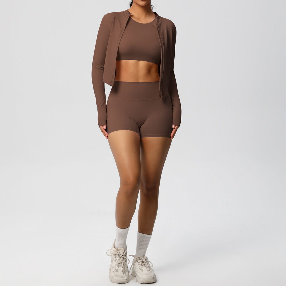 New arrival cross-border brushed tight-fitting fitness wear, nude-feeling quick-drying sports shorts suitslimming look yoga wear three-piece set for women
