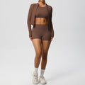 New arrival cross-border brushed tight-fitting fitness wear, nude-feeling quick-drying sports shorts suitslimming look yoga wear three-piece set for women