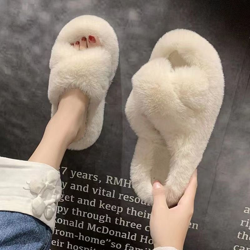 Fall and winter 2023new arrival fur slippers women's fashionoutwearstuffedthick sole slippers k-style cross strap home cotton slippers