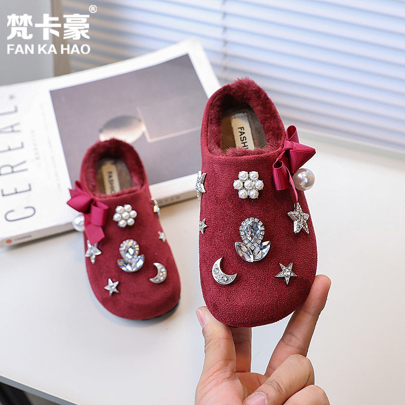 Kids winter half mule birkenstock shoes new arrivalk-stylegirlfashion rhinestone heattech cotton shoes for children