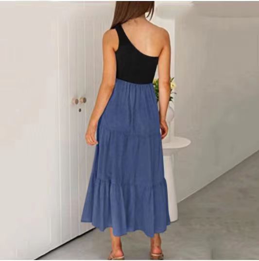 european and american cross-border new  women's solid color printed bohemian one-shoulder sleeveless dress