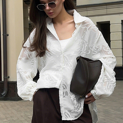 European and American design sense light luxury jacquard long-sleeved white shirt 2025 autumn  women's clothing new niche perspective cardigan