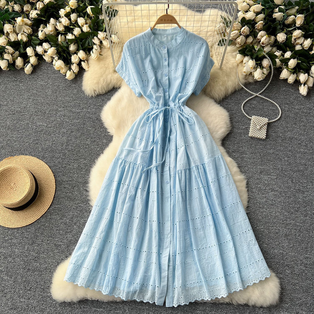 French gentle style sense of design drawstring waist round neck short sleeve single breasted cut outembroiderslimming lookelegantdress