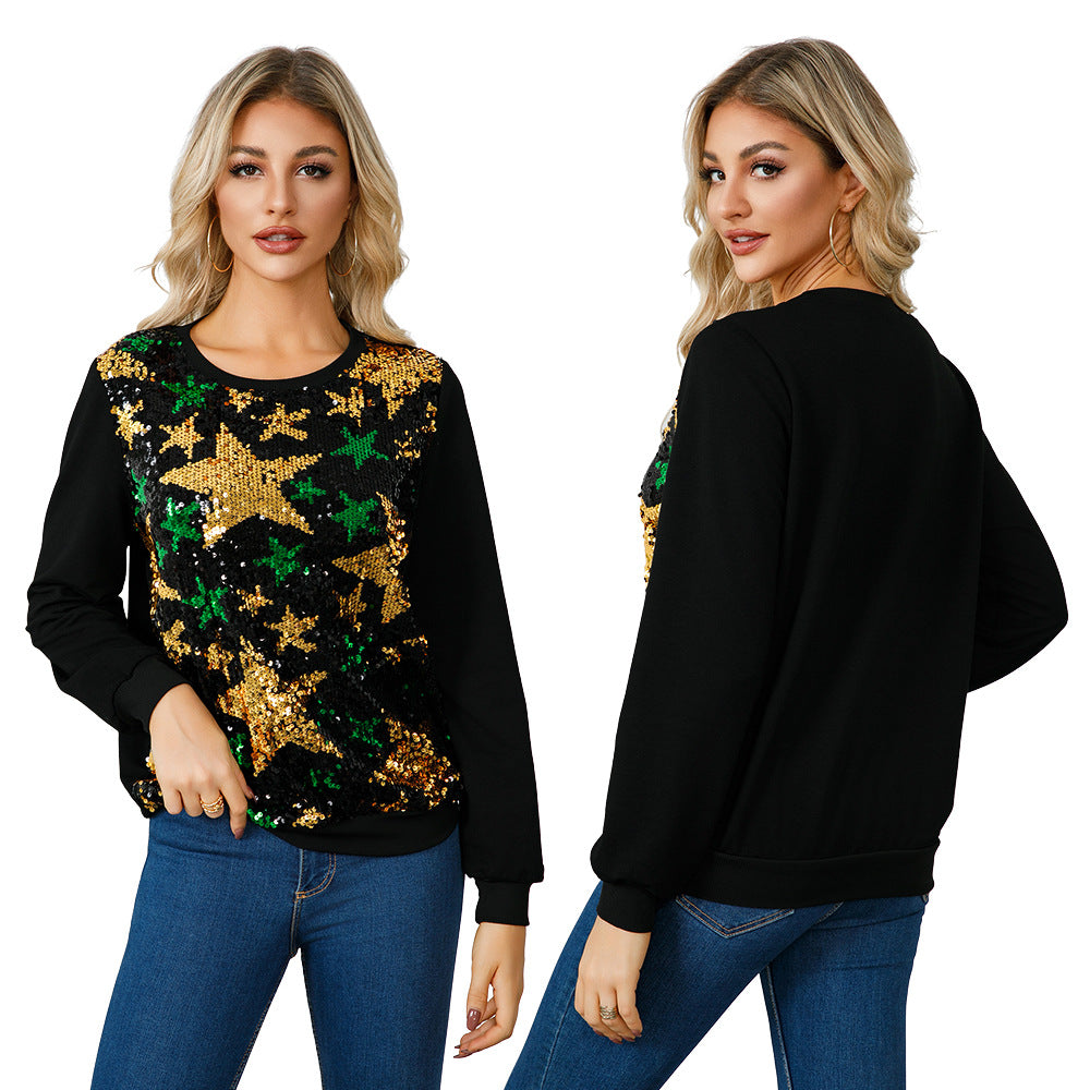 10526 European and American  women's long-sleeved top, five-pointed star pattern sequin fine flash Christmas party temperament sweater
