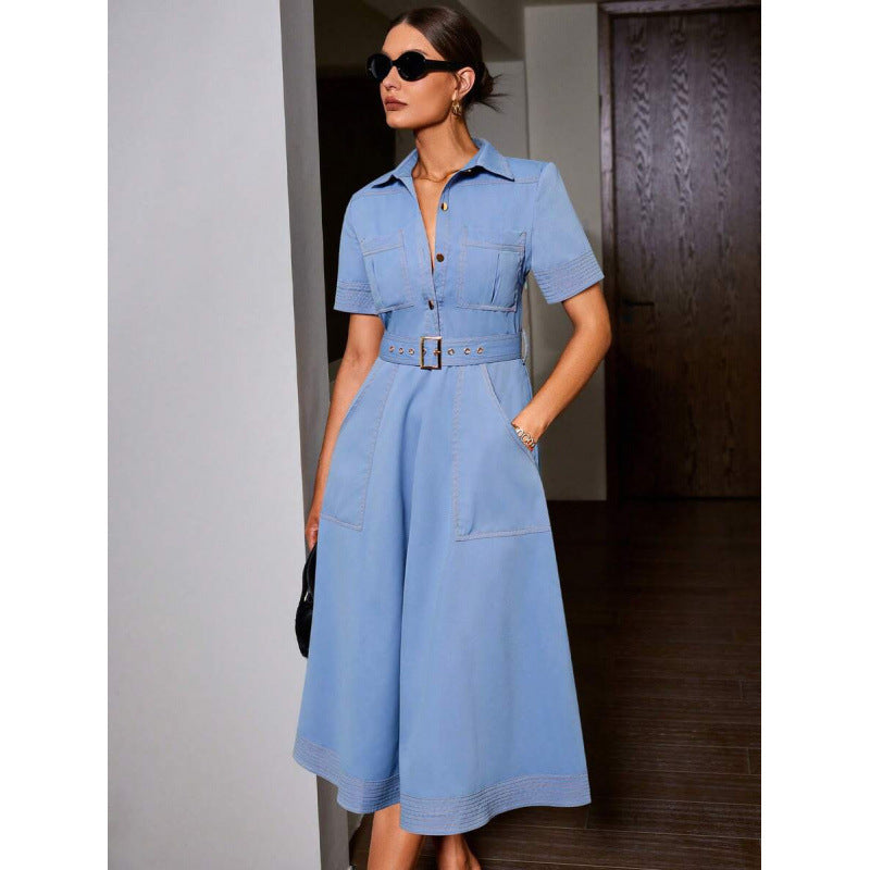 fashionautumretro lapel casualpatchwork button flap pocket pants design silm short-sleeved dress