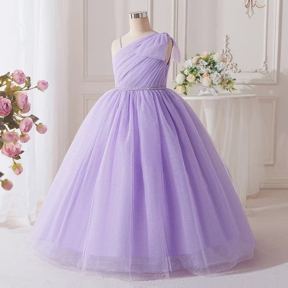 Girls' one-shoulder bowknot tulle princess dress - purple long gown for children's formal occasions, piano recitals, and performances