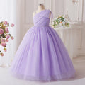 Girls' one-shoulder bowknot tulle princess dress - purple long gown for children's formal occasions, piano recitals, and performances