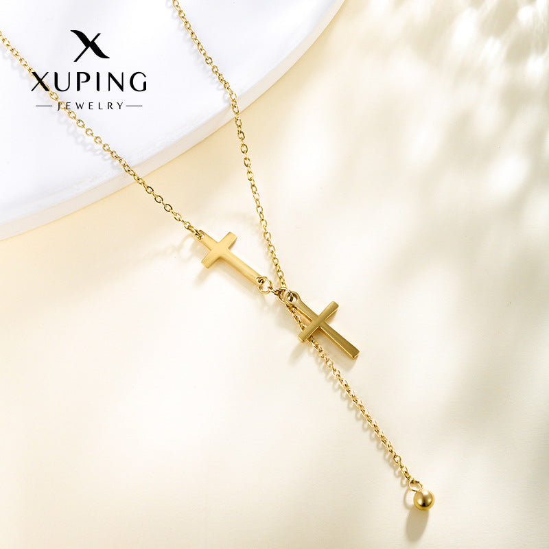 Xuping european and american fashion minimalist cross stainless steel necklace for women - light luxury, niche, cool & minimalist style, unique choker necklace