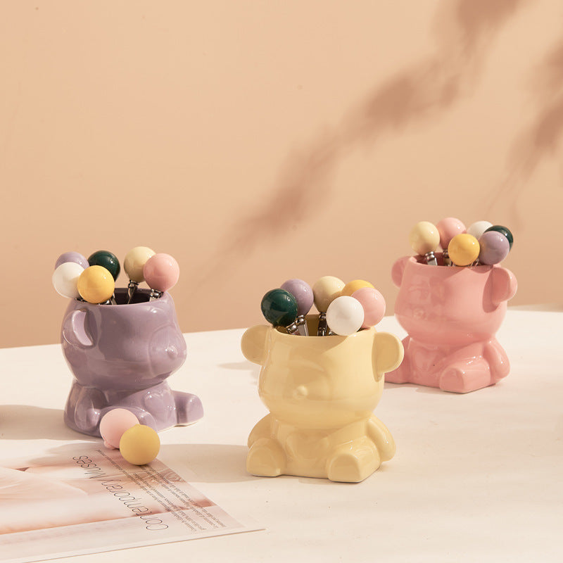 New arrival cream style ceramic bear hanging fruit fork jar suit high-looking home goods afternoon tea fruit fork spoon