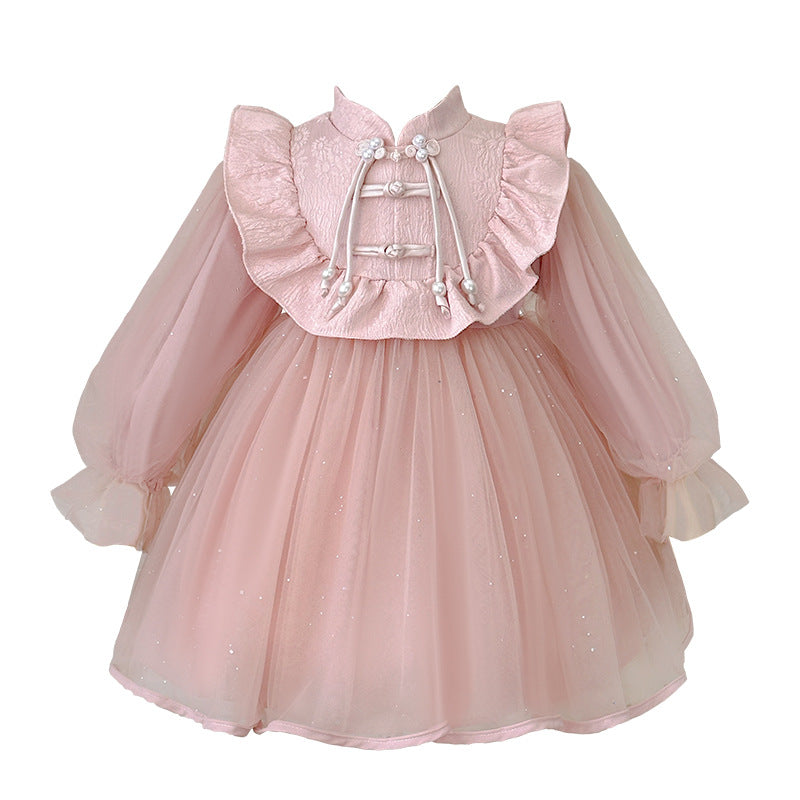 Girls' dress  spring new arrival: modern chinese style frog closure children's birthday dress, fluffy princess tutu with trendy mesh overlay