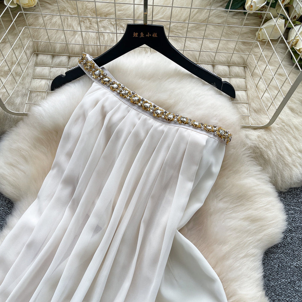 Frenchniche style halter neck and slanted shoulder diamond dress for women summer white pure lust style backlessslimming look a-line skirt holiday style