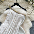 Frenchniche style halter neck and slanted shoulder diamond dress for women summer white pure lust style backlessslimming look a-line skirt holiday style