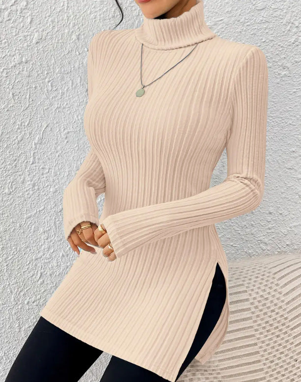 European and American  new women's turtleneck jumper, split-ended slim-fit bottoming shirt, pit striped medium and long top T-shirt
