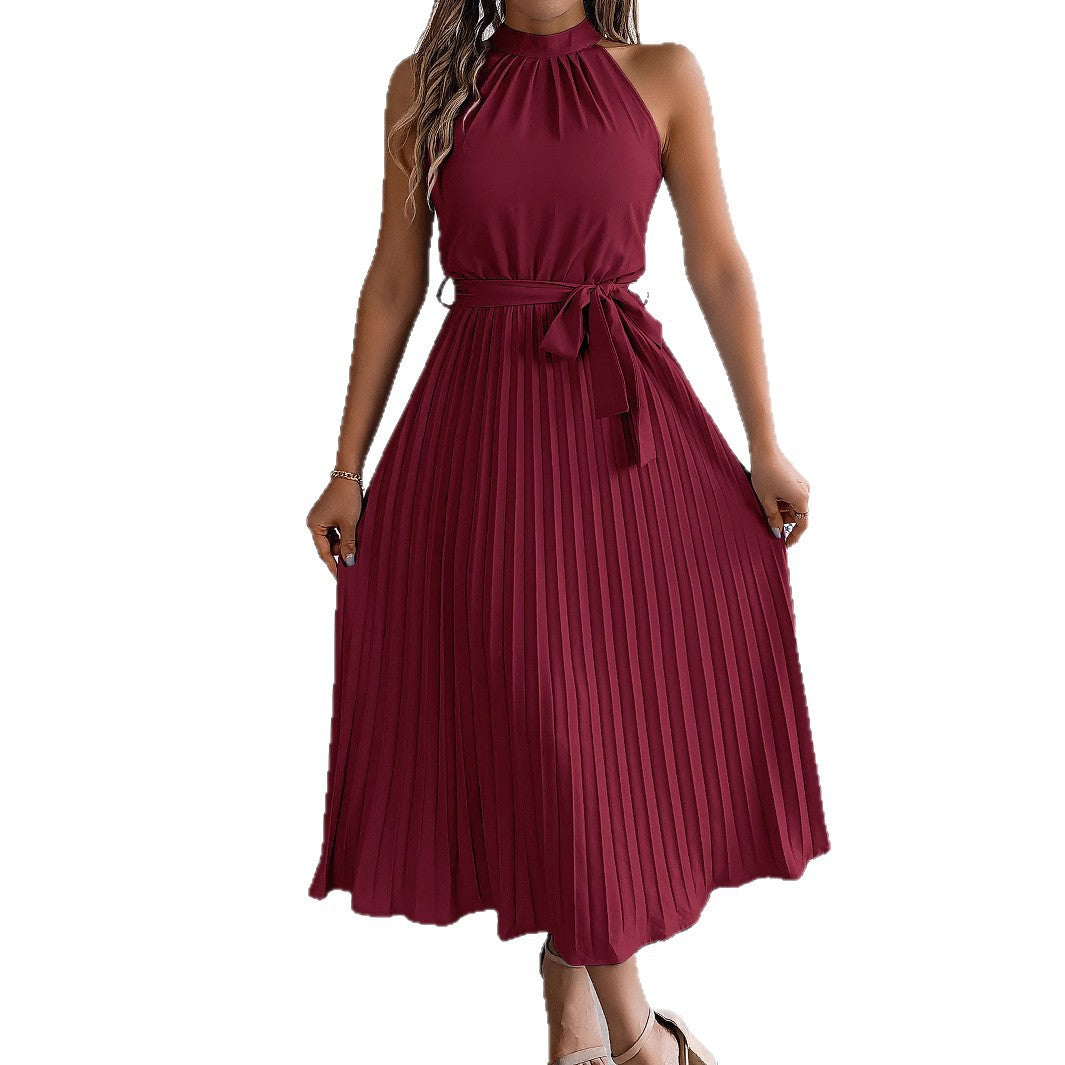 Real shot 2025 European and American spring and summer elegant stand-up collar sleeveless waist pleated dress,   women's clothing