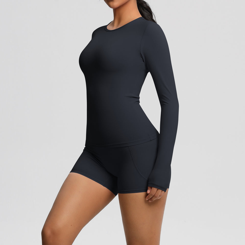 New arrival: european and american style solid color double-sided brushed nylon long-sleeve yoga set - activewear two-piece for running and fitness