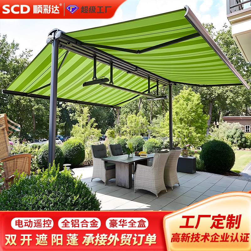 Double-door electric awning and rain canopy for large area telescopic sunshade and rain canopy at the queue passage in the park scenic area