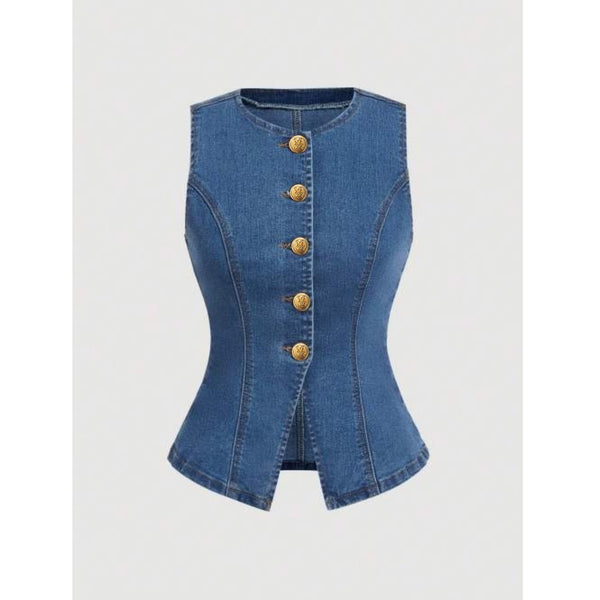 Women's sleeveless denim jacket top gold button business casual women's clothing 2025 new