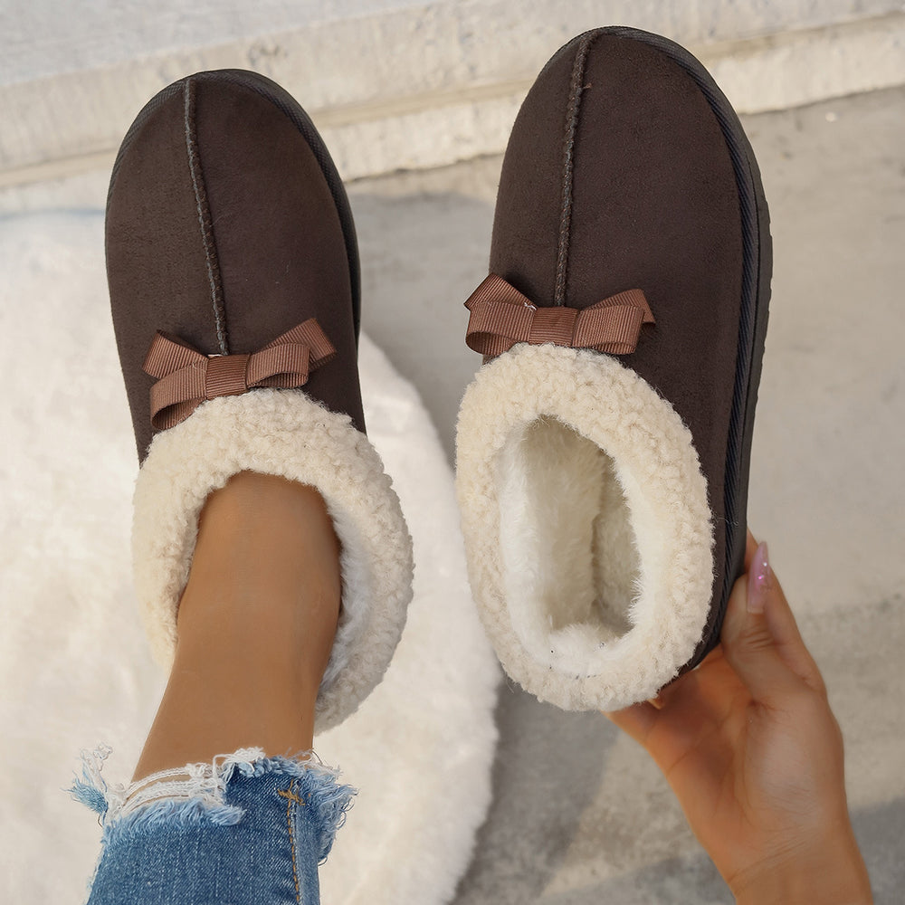 Winter fleece-lined snow boots with bow detail - anti-slip, warm, plus size, export quality, northeast china cotton shoes