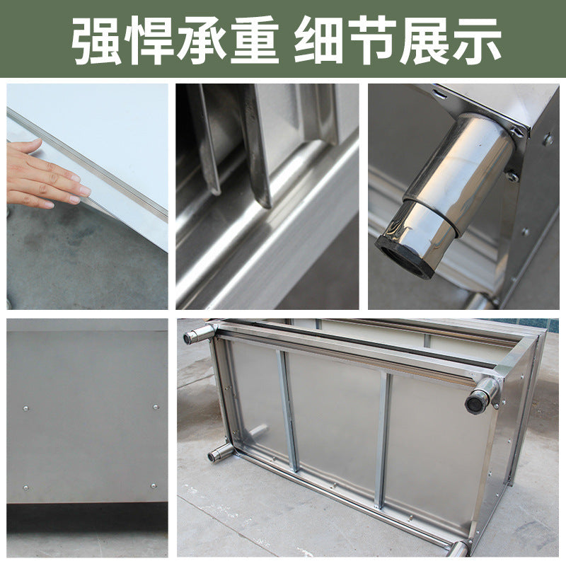 Commercial kitchen workstation: stainless steel countertop with sliding door, cutting board storage, and prep table for restaurants