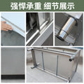 Commercial kitchen workstation: stainless steel countertop with sliding door, cutting board storage, and prep table for restaurants