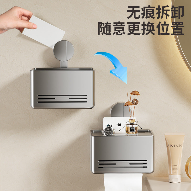 Bathroom suction cup tissue box wall mount - no drilling required - toilet paper holder for roll and sheet tissue - storage rack