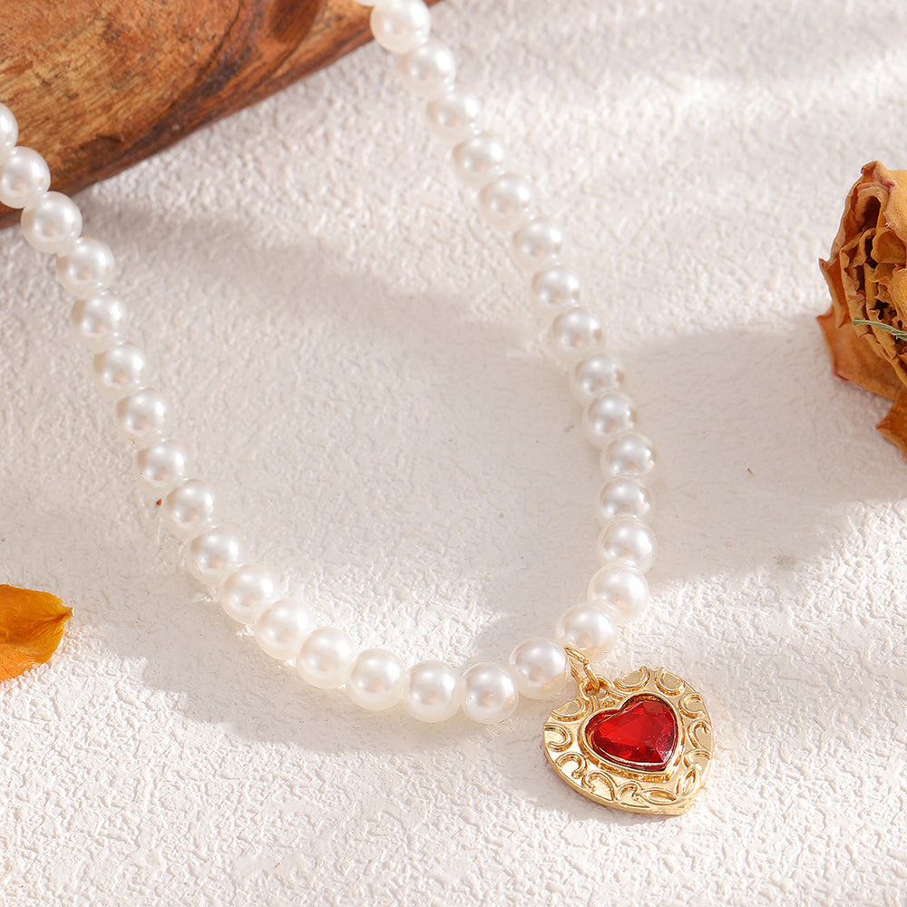 Baroque pearl necklace wholesale - cross-border vintage french chic luxury pendant - faux ruby heart necklace