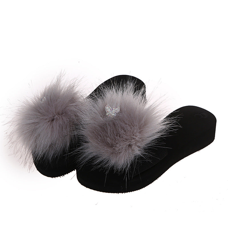 Spring/summer new women's european and american fashion faux fox fur slippers korean style outdoor one-strap slides home furry fur slippers