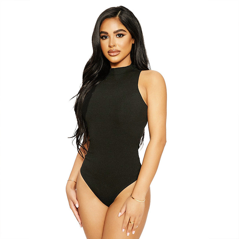 2025 Europe, America and summer  new women's clothing, sexy slim-fitting cotton threaded semi-turtleneck sleeveless vest onesie