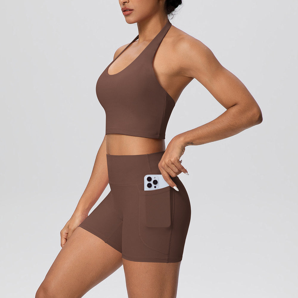New arrivalnude halter back high waist hip pocketshorts yoga wear tight sports suit running fitness wear