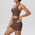 New arrivalnude halter back high waist hip pocketshorts yoga wear tight sports suit running fitness wear