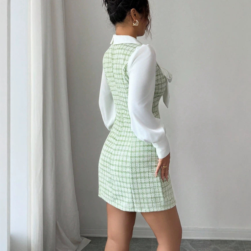 fall/winter new korean style petite short sleeve tie-waist slim fit bodycon plaid mermaid dress