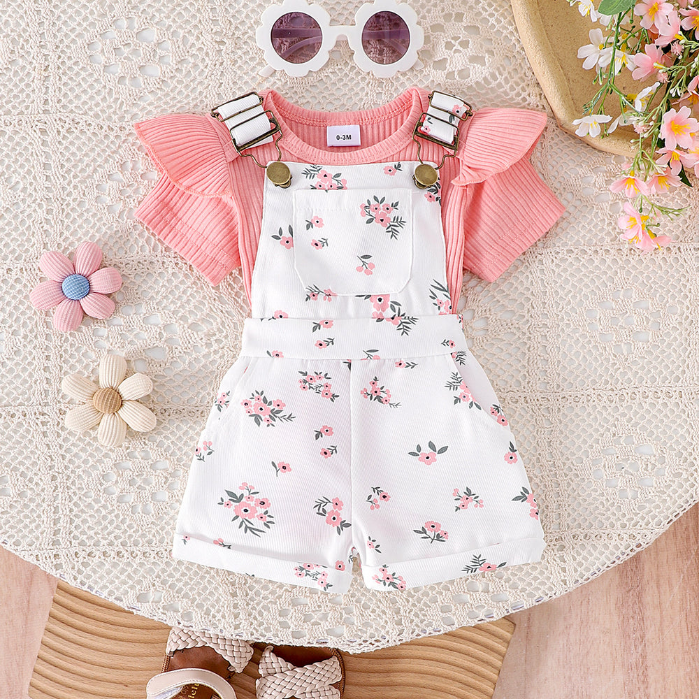 Amazon spring new girls' baby outfit set: solid color short-sleeve top with printed overalls two-piece set