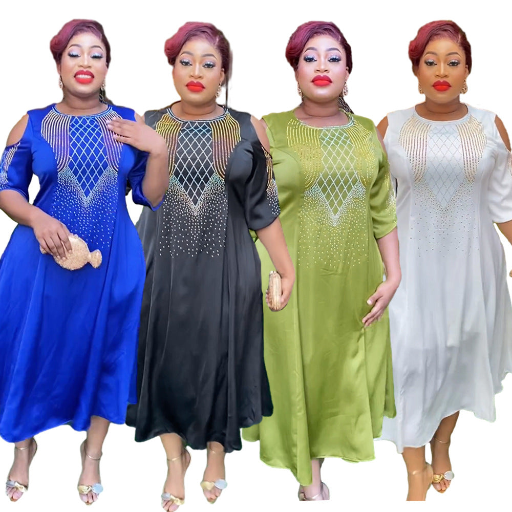 African women's plus size cross-border e-commerce spring/summer new arrivals  independent website off-shoulder five-sleeve rhinestone dress