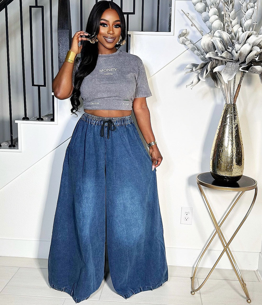 European and american style loose fit jeans - new women's casual streetwear wide leg pants with elastic waistband for  cross-border e-commerce