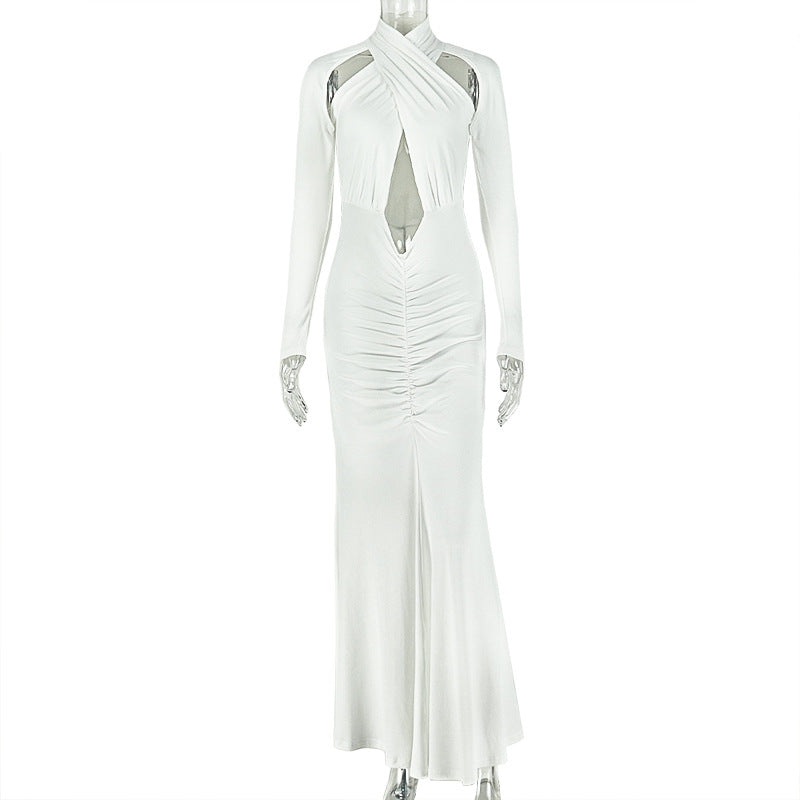 Fashion cross-border elegant banquet women's pure color close-fitting curve hip skirt design sexy chest-wrapped long sleevesdress