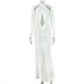 Fashion cross-border elegant banquet women's pure color close-fitting curve hip skirt design sexy chest-wrapped long sleevesdress