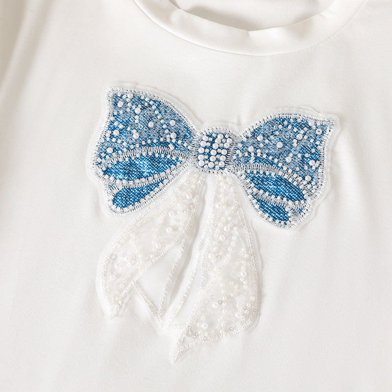 Girls' summer outfit: new fashionable design with pearl bow short-sleeve top and ruffle wide-leg shorts (size 26)