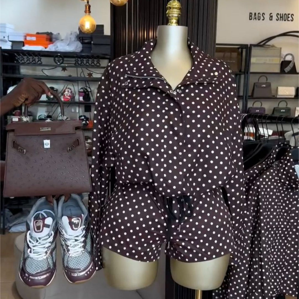 European and american cross-border women's clothing:  summer new collection - chic and sweet polka dot drawstring top and high-waisted shorts set