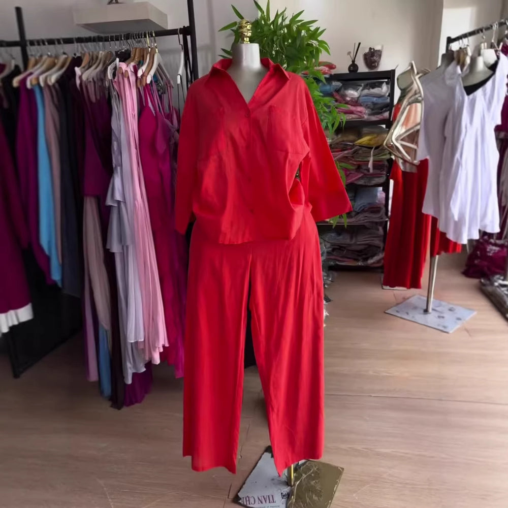 European and american cross-border women's fashion:  summer new collection - solid color, relaxed fit, turn-down collar shirt and wide-leg pants casual set
