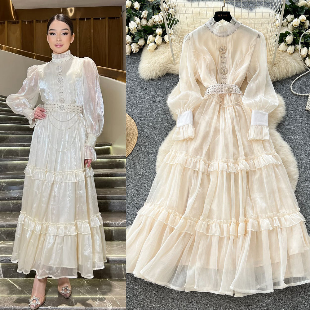 French court style dress - new  collection: exquisite beaded and rhinestone embellishments, cinched waist, lantern sleeves, and a flowing maxi skirt with mesh detailing
