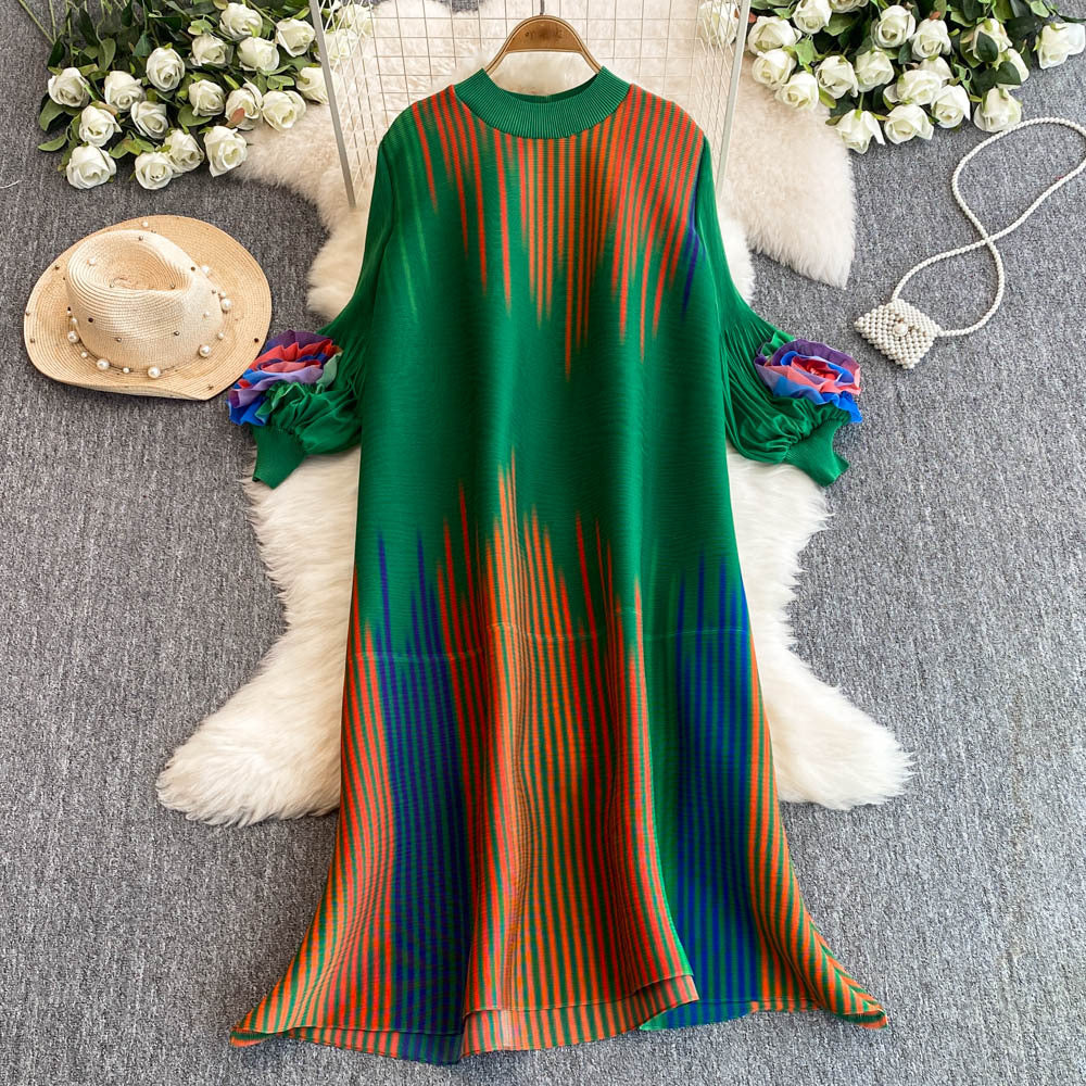 Miura pleated colorfuldress female round neck lantern sleeve looseelegance vertical stripes belly-covering slimming look over-the-knee skirt