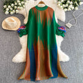 Miura pleated colorfuldress female round neck lantern sleeve looseelegance vertical stripes belly-covering slimming look over-the-knee skirt