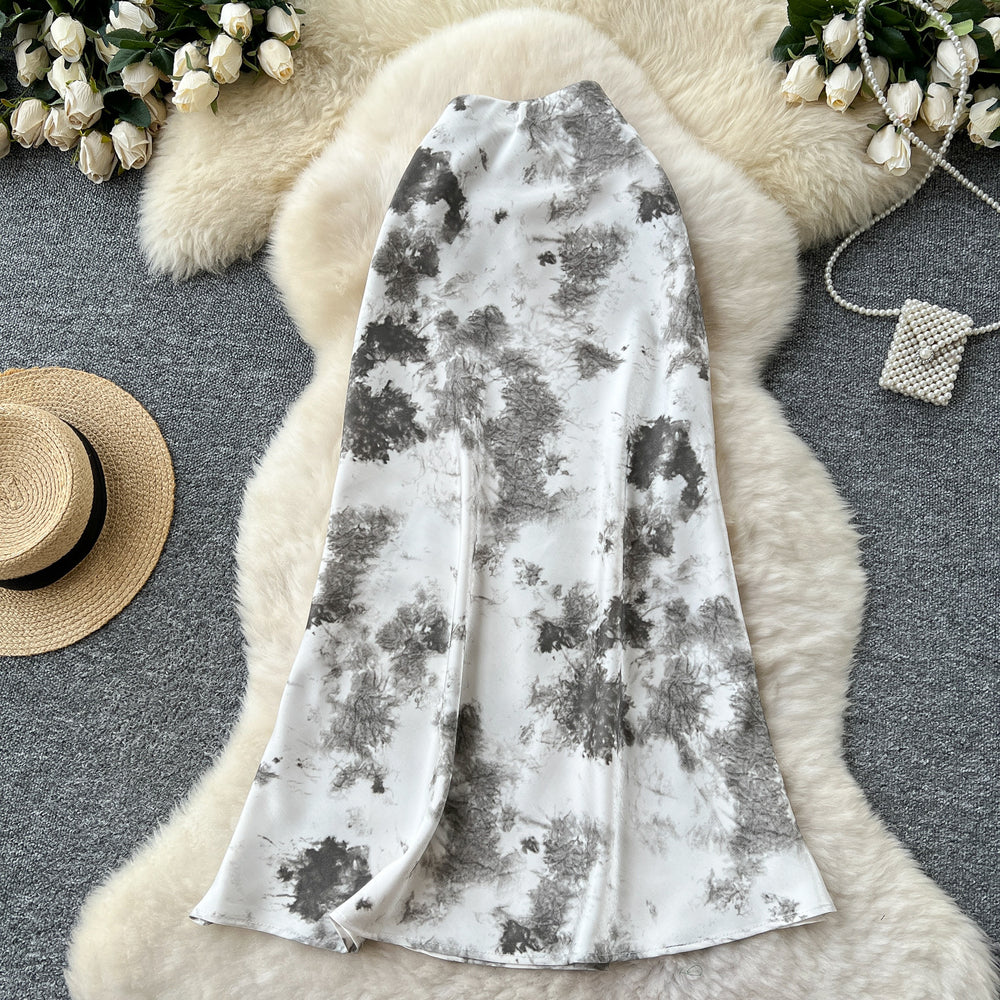 French chic satin midi skirt -  summer collection: luxe, vintage-inspired ink wash print, high-waisted, slimming mermaid skirt